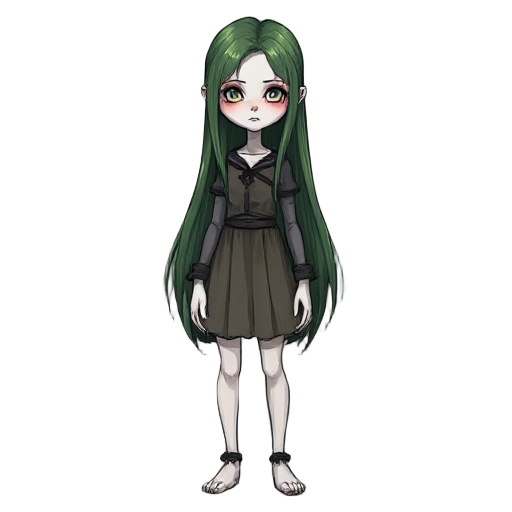 a pale, twenty-year-old girl with white skin and dull green hair that reaches her collarbones. her colors are very dull. she stands stiffly and straight. her facial features are sharp. her body and face are more elongated and sharp. the style is reminisce
