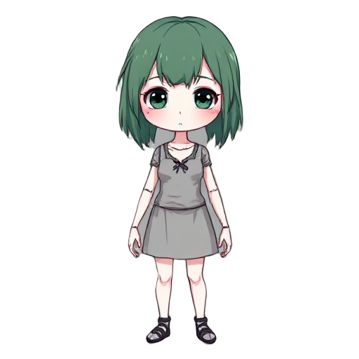 a pale, twenty-year-old girl with white skin and dull, unkempt green hair that reaches her collarbones. her colors are very dull. she stands stiffly and straight, looking straight ahead. her facial features are sharp. her style resembles a dark fantasy ga