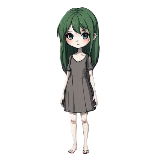 a pale girl with white skin. her dull, unkempt green hair reaches her collarbones. her colors are very dull. she stands stiffly and looks straight ahead. the style resembles a dark fantasy