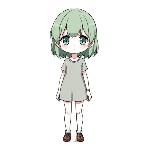 a pale girl with dull green hair and white skin. the colors are very dull. she stands stiffly and looks straight ahead. the style resembles an anime visual novel.