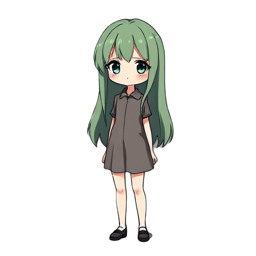 a pale girl with dull green hair. the colors are very dull. she stands and looks straight ahead. the style is reminiscent of an anime visual novel.