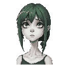 a pale, twenty-year-old girl with white skin and dull green hair that reaches her collarbones. her colors are very dull. she stands stiffly and straight. her facial features are sharp. her body and face are more elongated and sharp. the style is reminisce