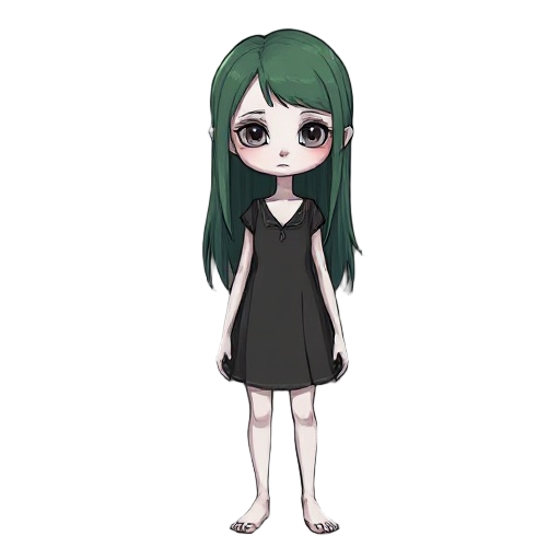 a pale, twenty-year-old girl with white skin and dull green hair that reaches her collarbones. her colors are very dull. she stands stiffly and straight. her facial features are sharp. her body and face are more elongated and sharp. the style is reminisce