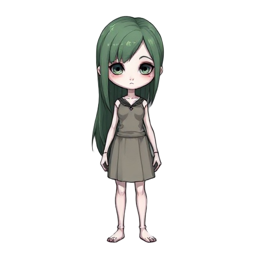 a pale, twenty-year-old girl with white skin and dull green hair that reaches her collarbones. her colors are very dull. she stands stiffly and straight. her facial features are sharp. her body and face are more elongated and sharp. the style is reminisce