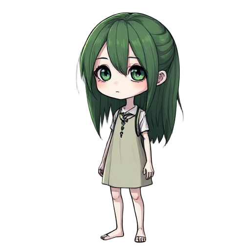 a pale, twenty-year-old girl with white skin and dull, unkempt green hair that reaches her collarbones. her colors are very dull. she stands stiffly and looks straight ahead. her facial features are sharp. the style resembles a dark fantasy game.