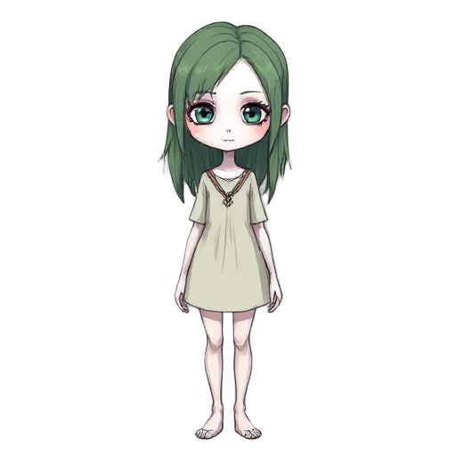 a pale, twenty-year-old girl with white skin and dull green hair that reaches her collarbones. her colors are very dull. she stands stiffly and straight. her facial features are sharp. her body and face are more elongated and sharp. the style is reminisce