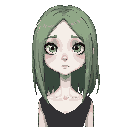 a pale, twenty-year-old girl with white skin and dull green hair that reaches her collarbones. her colors are very dull. she stands stiffly and straight. her facial features are sharp. her body and face are more elongated and sharp. the style is reminisce