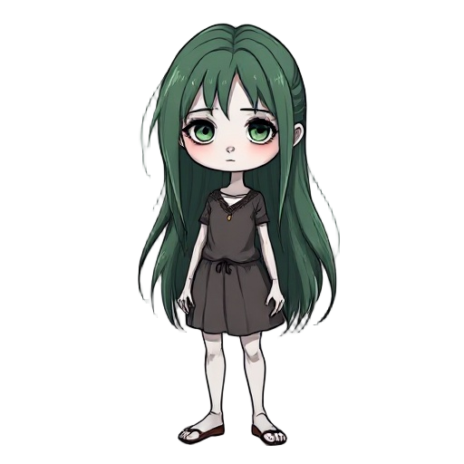 a pale, twenty-year-old girl with white skin and dull, unkempt green hair that reaches her collarbones. her colors are very dull. she stands stiffly and looks straight ahead. her facial features are sharp. the style resembles a dark fantasy game.