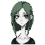 a pale, twenty-year-old girl with white skin and dull green hair that reaches her collarbones. her colors are very dull. she stands stiffly and straight. her facial features are sharp. her body and face are more elongated and sharp. the style is reminisce