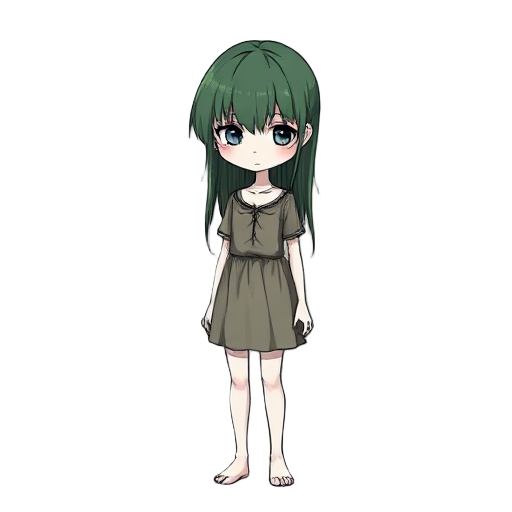 a pale girl with white skin. her dull, unkempt green hair reaches her collarbones. her colors are very dull. she stands stiffly and looks straight ahead. the style resembles a dark fantasy anime visual novel.