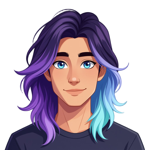 a male character with long, layered hair falling just above the neck. his hair fades from deep violet-black to soft lavender, sky blue, and mint green in a secret two-tone style. lavender and mint blend subtly through the lower strands, creating a cool, e