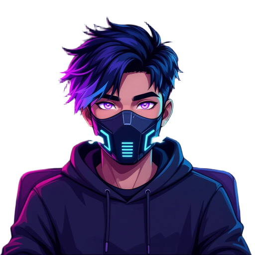 a cyberpunk male character with medium-length black hair fading into teal and purple. he has glowing purple eyes, wears a black mask with cyan lights emitting lavender and mint vapor. dressed in a dark hoodie, seated in a moody, purple-lit room.