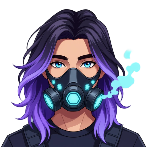a male character with long, layered hair fading from black at the roots to lavender, sky blue, and mint at the tips. he wears a sleek black gas mask with glowing cyan hexagonal and circular lights, emitting soft lavender and mint vapor from its sides.
