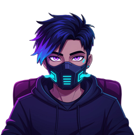a cyberpunk male character with medium-length black hair fading into teal and purple. he has glowing purple eyes, wears a black mask with cyan lights emitting lavender and mint vapor. dressed in a dark hoodie, seated in a moody, purple-lit room.