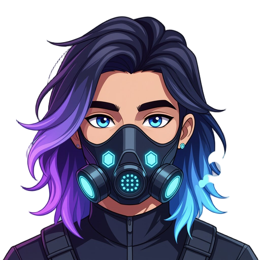 a male character with long, layered hair fading from black at the roots to lavender, sky blue, and mint at the tips. he wears a sleek black gas mask with glowing cyan hexagonal and circular lights, emitting soft lavender and mint vapor from its sides.