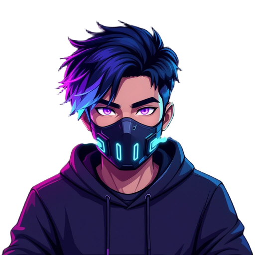 a cyberpunk male character with medium-length black hair fading into teal and purple. he has glowing purple eyes, wears a black mask with cyan lights emitting lavender and mint vapor. dressed in a dark hoodie, seated in a moody, purple-lit room.