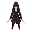 an assassin rpg character with two daggers one in each rand, in agrressive pose. realistic style not anime face.
