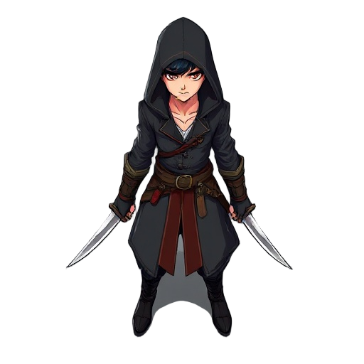 an assassin rpg character with two daggers one in each rand, in agrressive pose. realistic style not anime face.