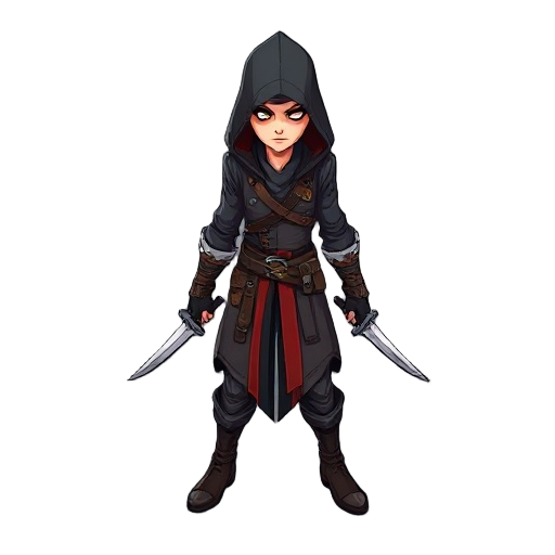 an assassin rpg character with two daggers one in each rand, in agrressive pose. realist style.