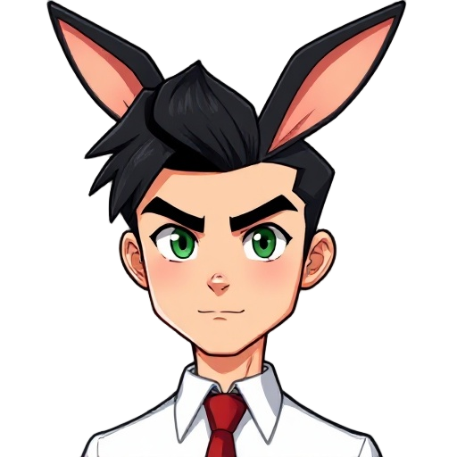 a handsome man with black hair combed back, rabbit ears drooping forward in the same color as his hair, and small green eyes. he has an angular face, a thick neck, and wide eyebrows. he wears the typical white collared shirt and red tie.
