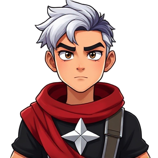 the male character has white hair with dark tips, tanned skin, and a somewhat shy face. he wears a red fabric wrapped from his torso to his waist and a black shirt with a metallic star in the center. the image focuses on the character's profile, highlight