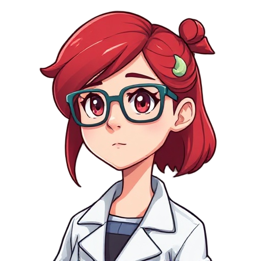 a female character, a scientist, with glasses and red hair, shown from the shoulders up, highlighting only the character's profile and a small moon-shaped accessory in the character's hair.