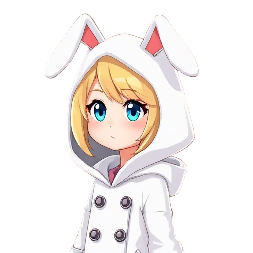 female character, wearing a white coat and a hood with bunny ear details, blonde hair and blue eyes, profile image focusing from the shoulders up; she is wearing a hood but it leaves her bunny ears details hanging forward without hiding her face.
