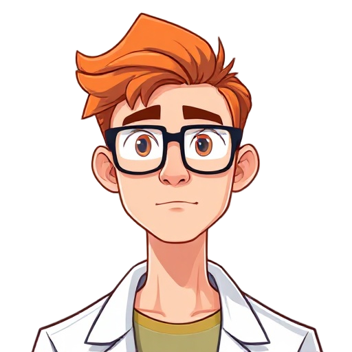 a male character of a data scientist, with glasses and orange hair, shown from the shoulders up, highlighting only the character's profile