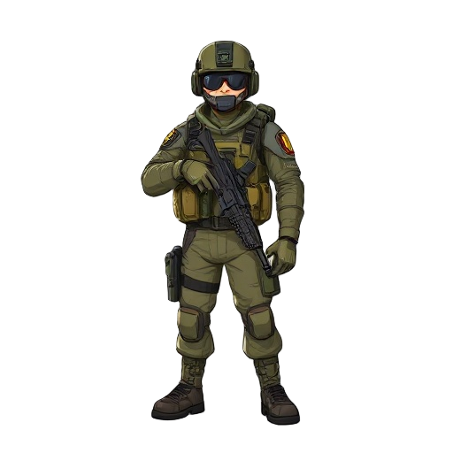 soldado das operações especiais segurando um fuzil preparado para ir para o combate com luvas coturno calça militar com bolsos lateral uma faca na cintura e capacete 