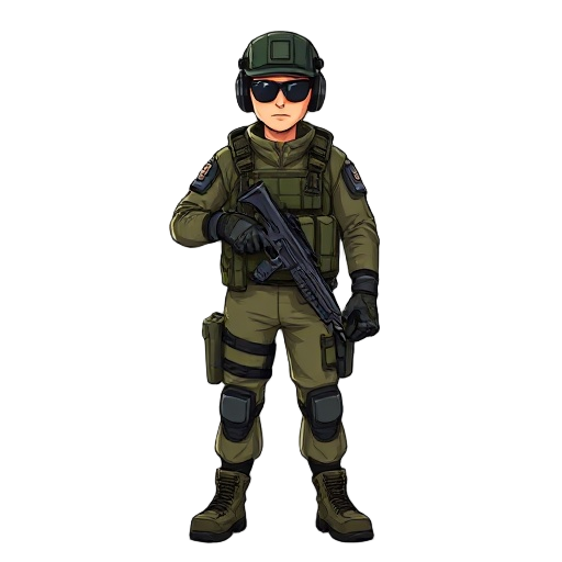 soldado das operações especiais segurando um fuzil preparado para ir para o combate com luvas coturno calça militar com bolsos lateral uma faca na cintura e capacete 