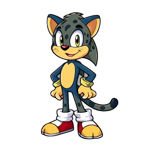 anthropomorphic jaguar character, standing upright, slim and short build, friendly expression, sonic the hedgehog art style, bright colors, cel-shaded, detailed lineart, back sword, dynamic pose, soft lighting, cartoon style, clean background