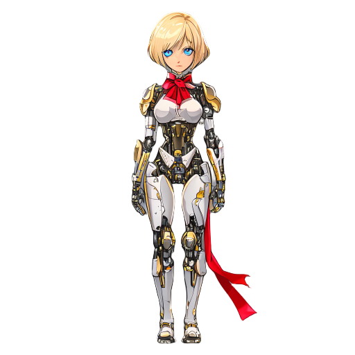 aigis from persona 3, a beautiful humanoid female android with short blonde hair, blue eyes, and a mechanical body with gold and white armor plating. she wears a red ribbon around her neck and has intricate mechanical joints and details on her arms and le