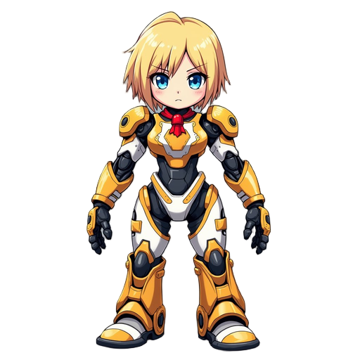aigis from persona 3, a beautiful humanoid female android with short blonde hair, blue eyes, and a mechanical body with gold and white armor plating. she wears a red ribbon around her neck and has intricate mechanical joints and details on her arms and le