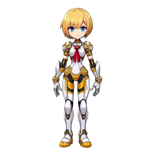 aigis from persona 3, a beautiful humanoid female android with short blonde hair, blue eyes, and a mechanical body with gold and white armor plating. she wears a red ribbon around her neck and has intricate mechanical joints and details on her arms and le