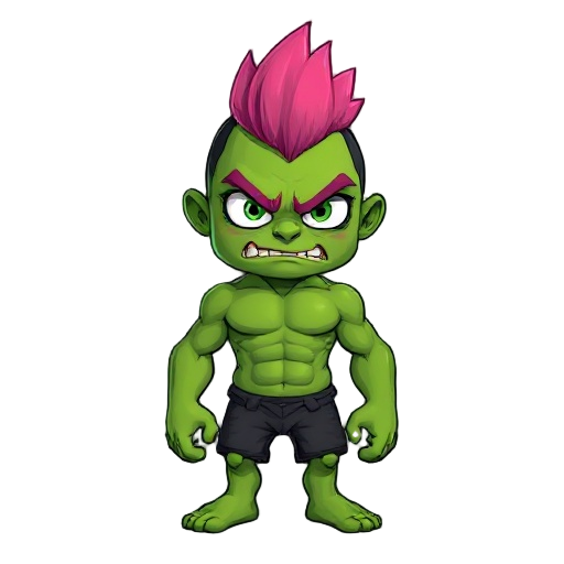 skinny hulk, green skin, ugly, pink hair, mohawk hairstyle