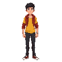 hombre joven, cabello negro, chaleco rojo, camisa amarilla de mangas largas, pantalones negros, delgado.