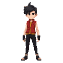 young man, black hair, red vest, sleeveless yellow shirt, black pants, slim, black wristbands.