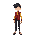 young man, black hair, red vest, long-sleeved yellow shirt, black pants, slim.