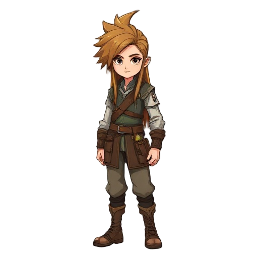  main character of an rpg game, long, striking hair, warrior, starting state young and wearing ordinary clothes.