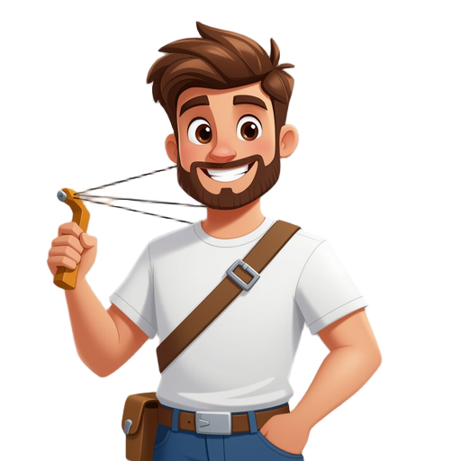 a regular uy with a white t-shirt and jeans and snickers with a slingshot