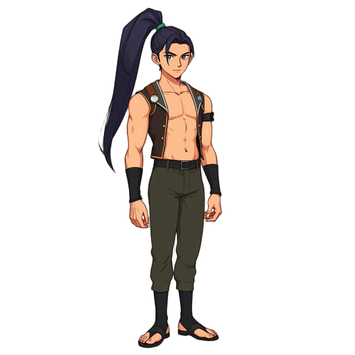 masterpiece, best quality, amazing quality, highres, absurdres, newest, 1boy, solo, full body, european male named anuma, tall and athletic build, fair natural skin, long black hair tied in a neat ponytail, stern and noble expression, intense and determin