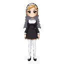 create a character: a nun, blonde, green eyes, short skirt, long white thigh-high stockings.