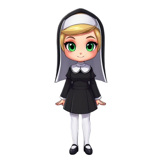 create a character: a nun, blonde, green eyes, short skirt, long white thigh-high stockings.