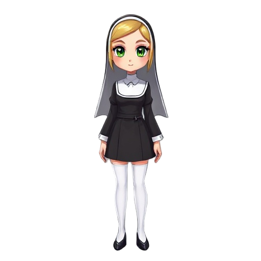 create a character: a nun, blonde, green eyes, short skirt, long white thigh-high stockings.