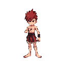 kai agile fighter idle pose, red gi spiky hair barefoot, retro pixel-art style