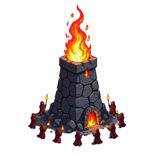 elemental tower of fire, large red flame at the top, body of dark volcanic stone, small cultists in dark red robes surrounding it.