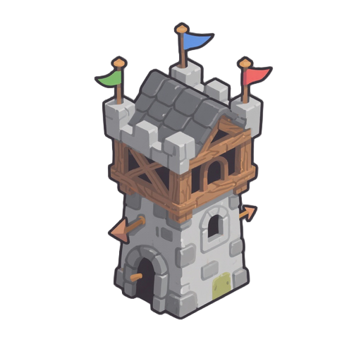 isometric 2d tower defense, vector-style hand-drawn, arrow tower, first-tier tower, wooden and stone details, small roof with banners, minimal clean lines, monochromatic palette with triadic color harmony, consistent light source and perspective, smooth s