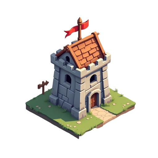 isometric 2d tower defense, vector-style hand-drawn, arrow tower, first-tier tower, wooden and stone details, small roof with banners, minimal clean lines, monochromatic palette with triadic color harmony, consistent light source and perspective, smooth s