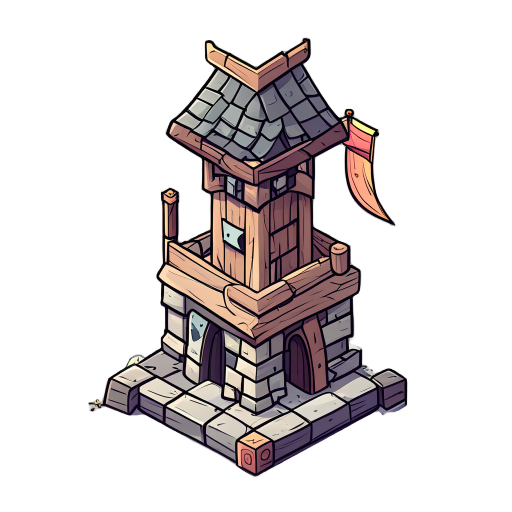 isometric 2d tower defense, vector-style hand-drawn, arrow tower, first-tier tower, wooden and stone details, small roof with banners, minimal clean lines, monochromatic palette with triadic color harmony, consistent light source and perspective, smooth s