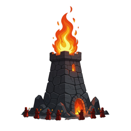 elemental tower of fire, large red flame at the top, body of dark volcanic stone, small cultists in dark red robes surrounding it.